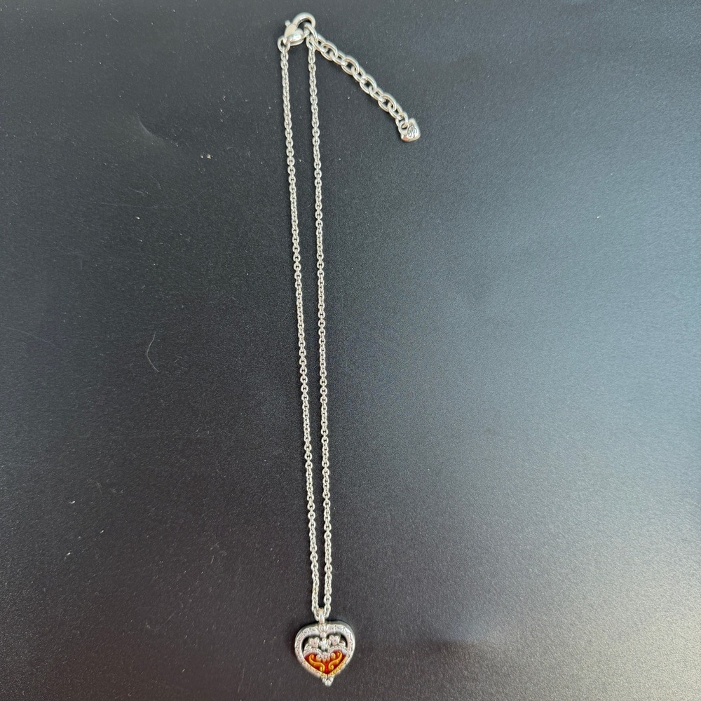 Brighton Joy Heart Necklace Reversible Pendant Red Enamel Floral Silver Tone